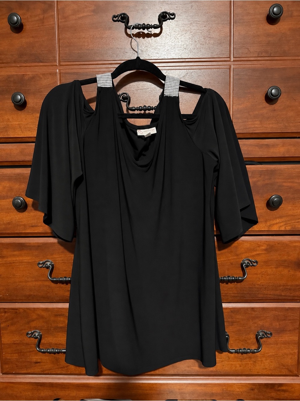 Dress Barn Black Cold-Shoulder Blouse with Rhinestone Straps
